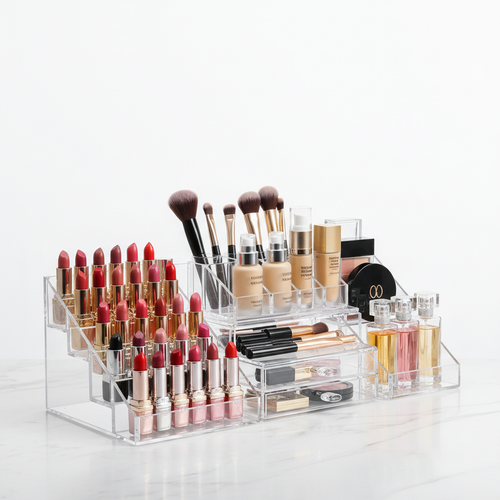 Cosmetic Storage Display Case with makeup items